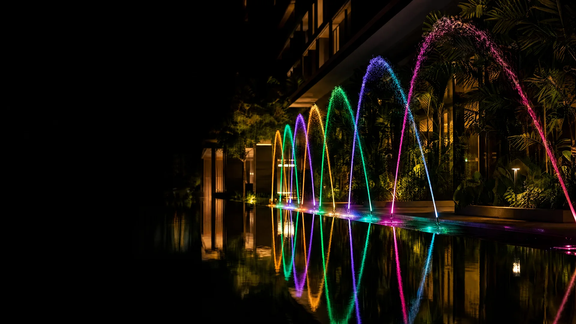 Coloured water jets lit at night above a still reflecting pool