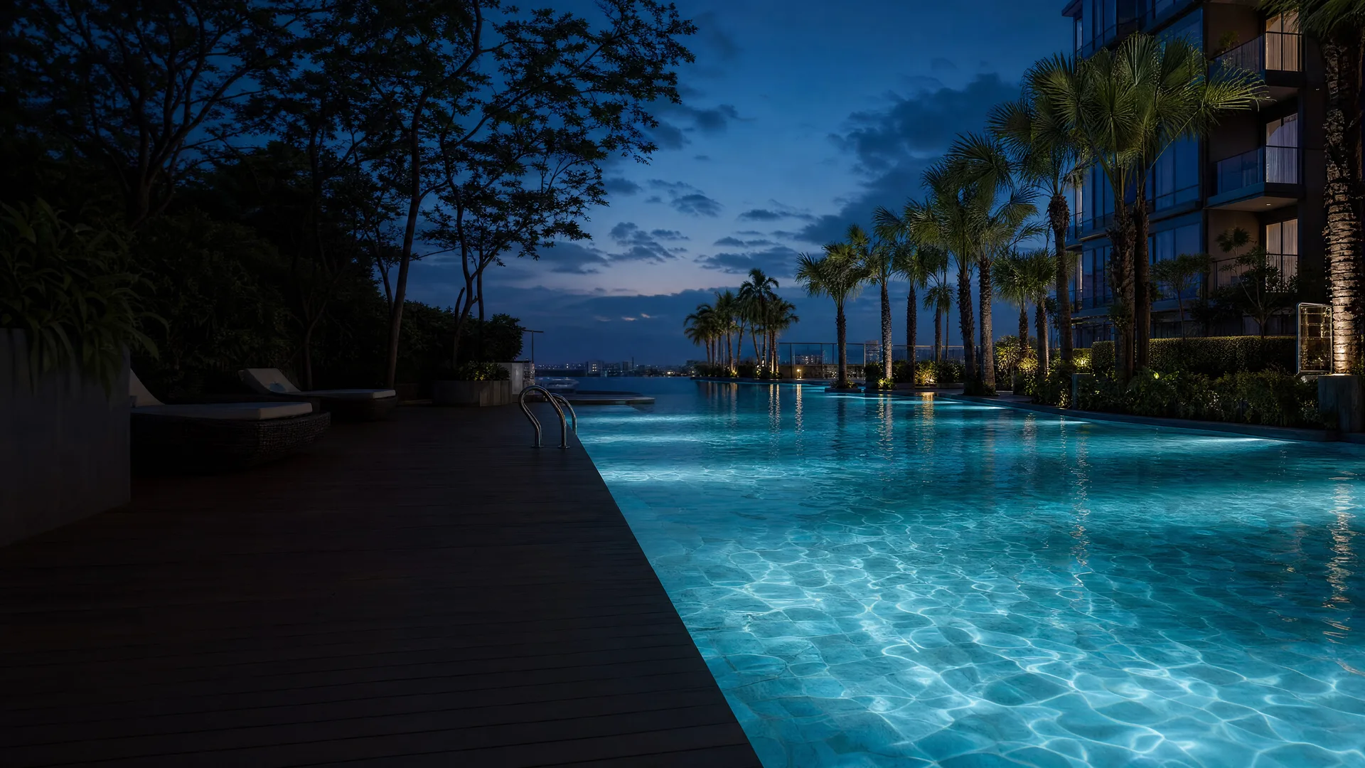 A pool glowing from underwater LED lighting at dusk