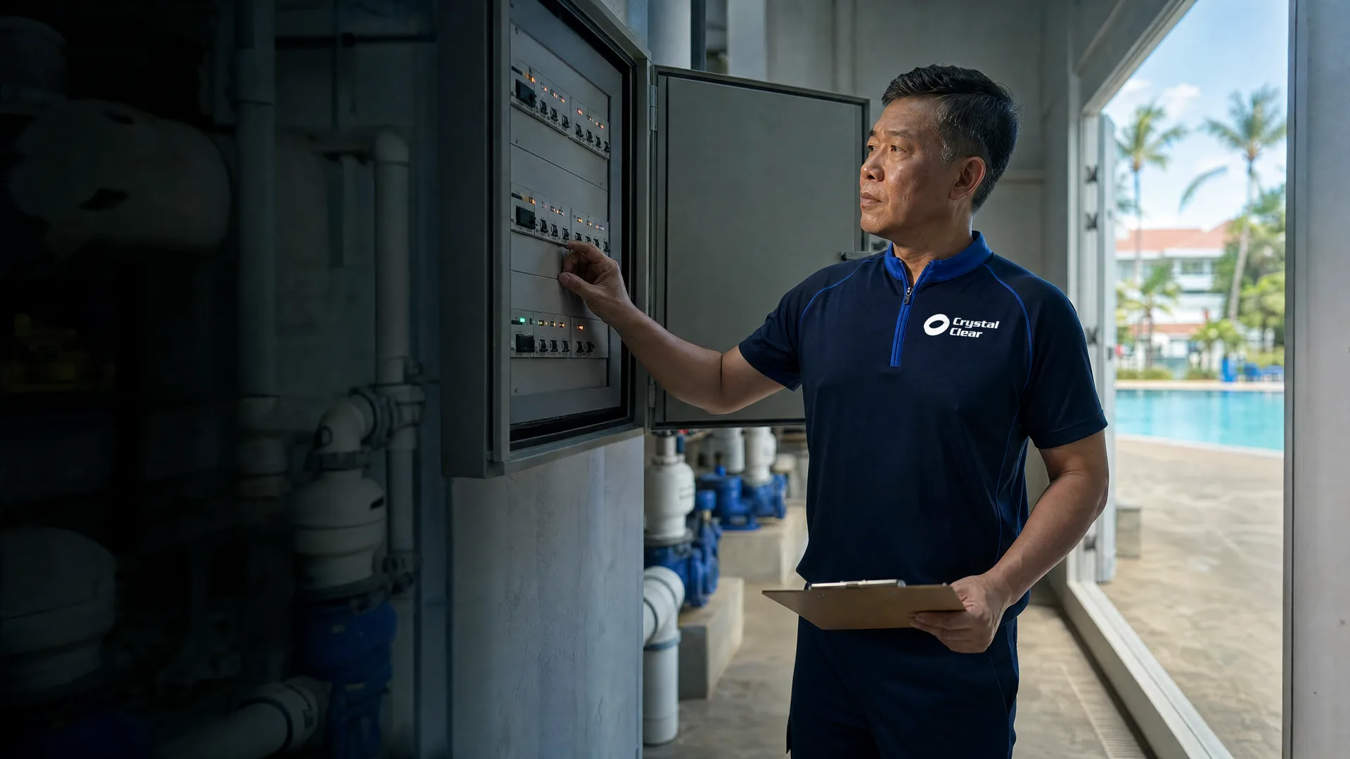 A Crystal Clear team leader checking the electrical control panel in a pool plant room